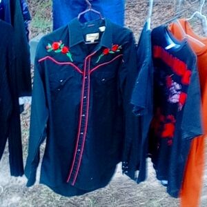 Dark Blue Western Shirt with Red Rose Embroidery